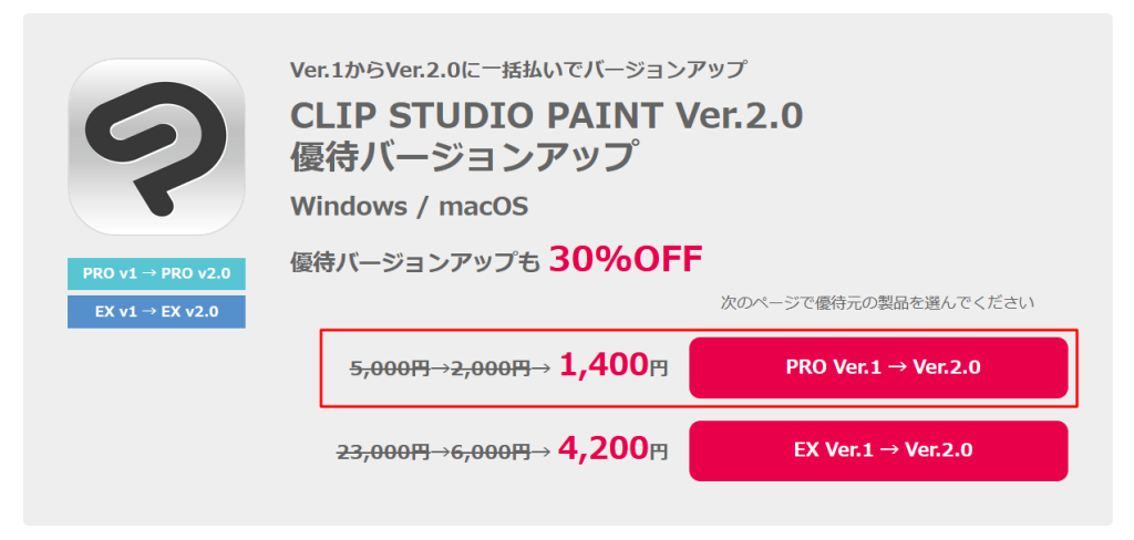 CLIP STUDIO PAINT Ver.2.0 優待バージョンアップ
